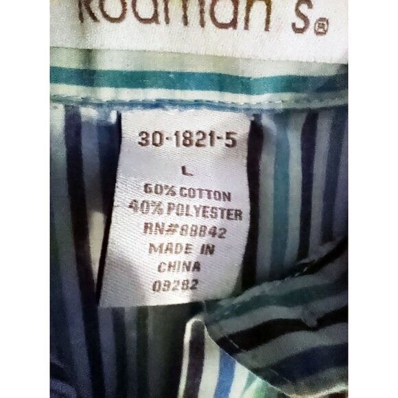 Button-Up Shirt Roamans Womens Green Blue Striped Size Large RN88842 Long Sleeve - Picture 6 of 13